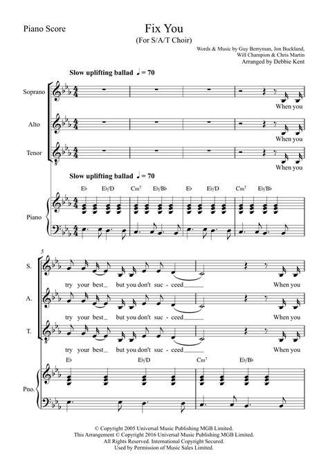 Fix You Arr Debbie Kent By Coldplay Sheet Music For Sat Choir At