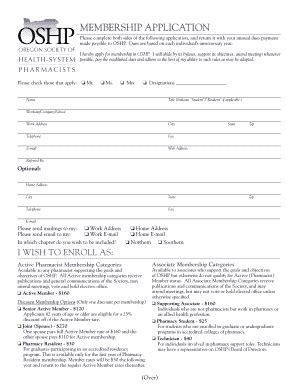 Fillable Online Oshp Membership Application Please Complete Both Sides