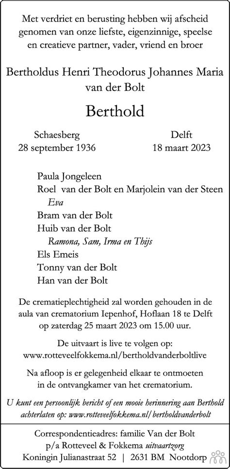 Bertholdus Henri Theodorus Johannes Maria Van Der Bolt 18 03 2023