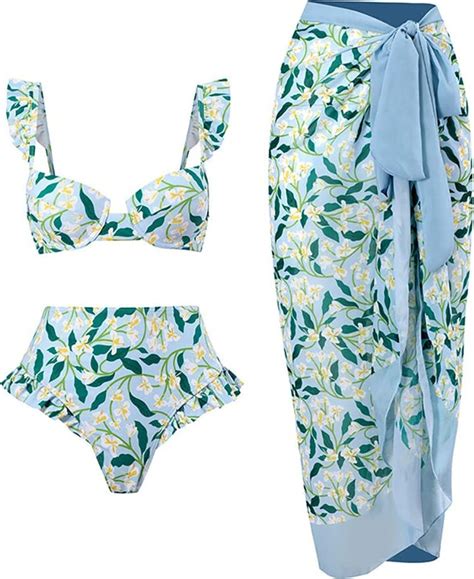 IBTOM CASTLE Women 3Pcs French Retro Swimsuit Floral Print Beach Bikini