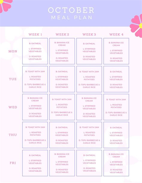 Blank Monthly Menu Template