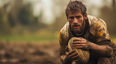 Premium Photo A Determined Rugby Player Covered In Mud Stares At The