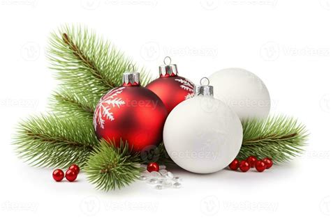 Red and white Christmas ornaments and branches isolated on a white ...