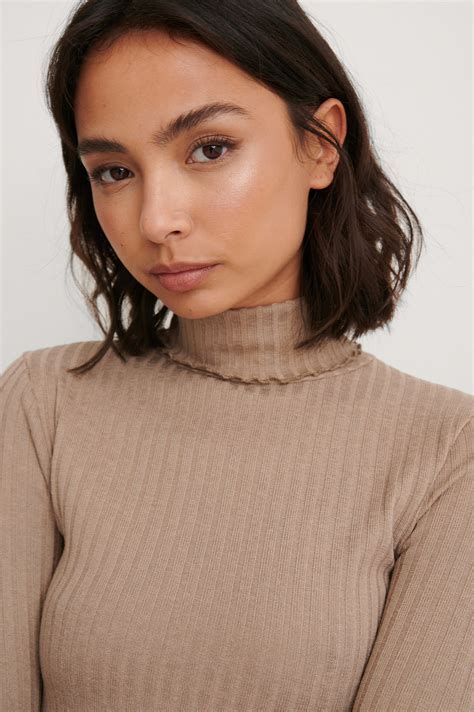 High Neck Long Sleeve Top Beige Na