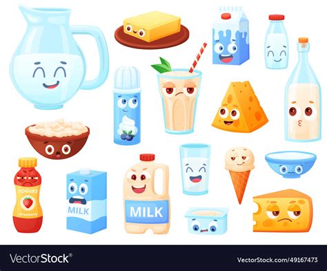 Cute dairy characters cartoon faces on milk Vector Image