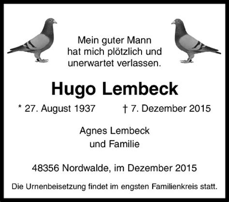 Traueranzeigen Von Hugo Lembeck Trauer Ms