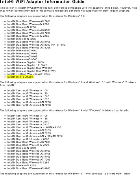 Intel Ax201ng Intel Wifi 6 Ax201 User Manual Intel Wifi Adapter Information Guide