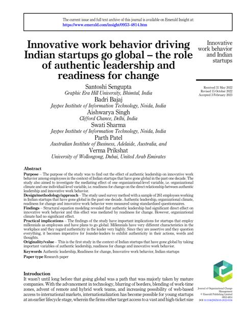 PDF Innovative Work Behavior Driving Indian Startups Go Global The