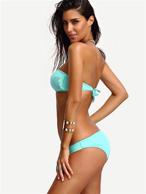 Baby Blue Sequin Bandeau Bikini Set Shein Sheinside