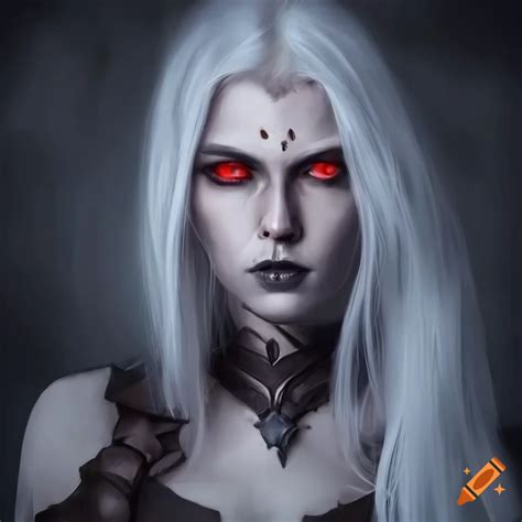 Portrait Of A Dark Elf Priestess With Long White Hair On Craiyon