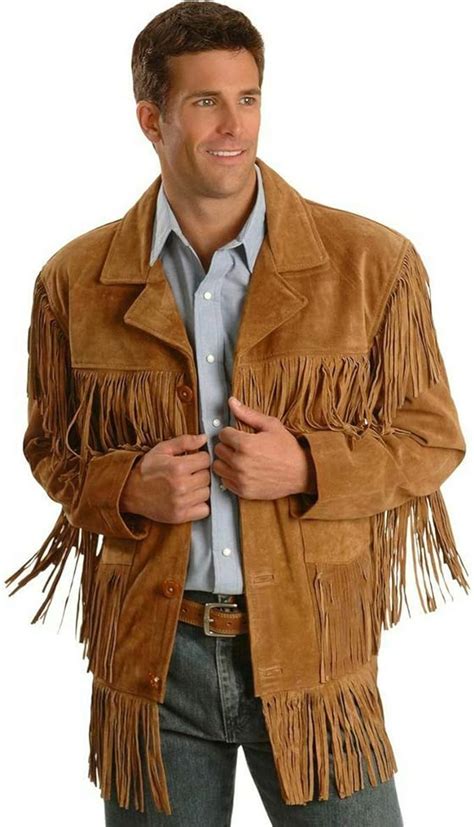 Herren Trachten Cowboy Western Lederjacke Braun Mantel Mit Fransen