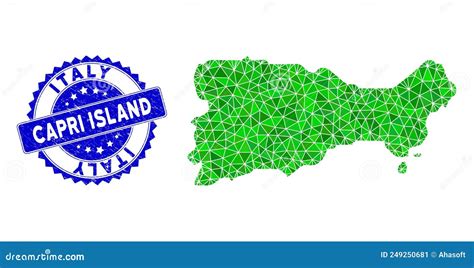 Rosette Grunge Seal With Green Vector Polygonal Capri Island Map Mosaic