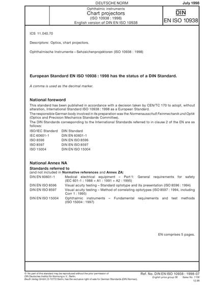 DIN EN ISO 10938:1998 - Ophthalmic instruments - Chart projectors (ISO ...