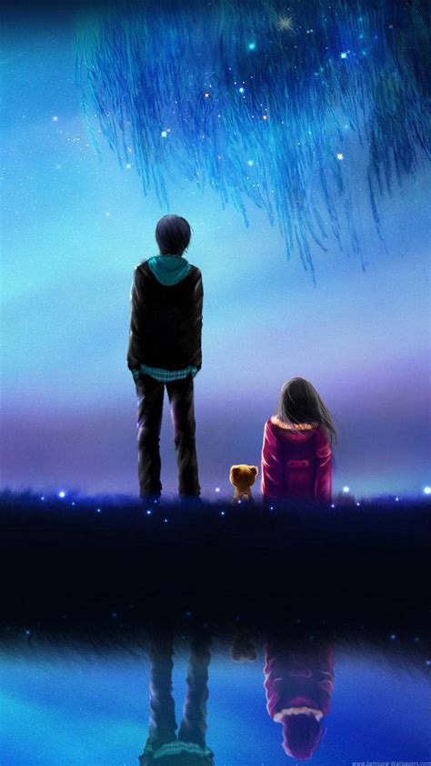 Download Cute Couple Cartoon Blue Night Sky Wallpaper | Wallpapers.com