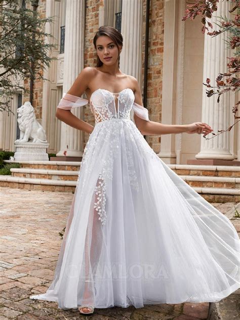 Perfect A Line Off The Shoulder Chapel Train Tulle Corset Wedding Dress