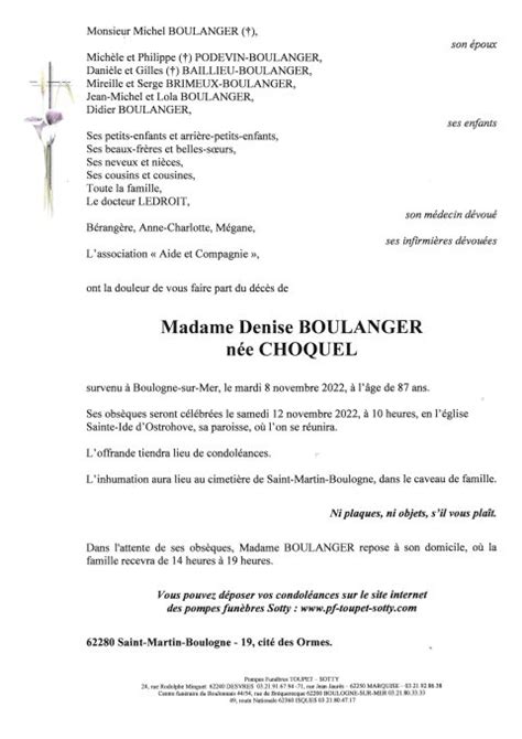 Madame Denise BOULANGER Pompes Funèbres Toupet Sotty