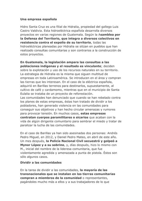 La Impunidad De La Empresa Espa Ola Hidralia En Guatemala Pdf