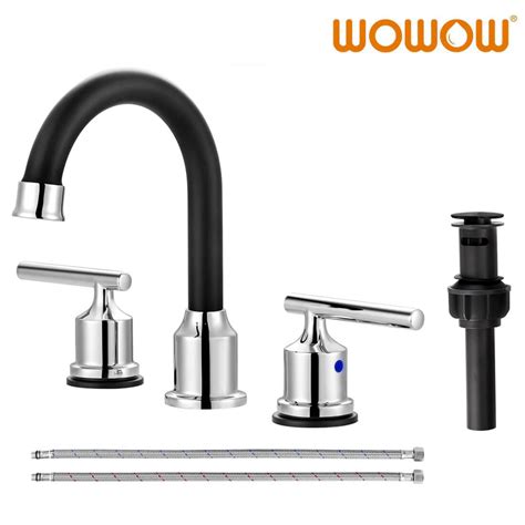 Wowow Widespread 3 Hole Matte Black And Chrome Bathroom Faucet With Drain And Supply Lines