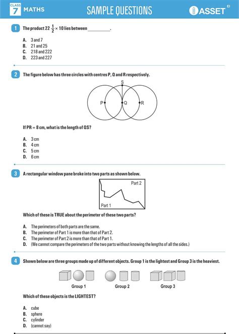 Class 7 Asset Mathematics Sample Model Question Papers Olympiad