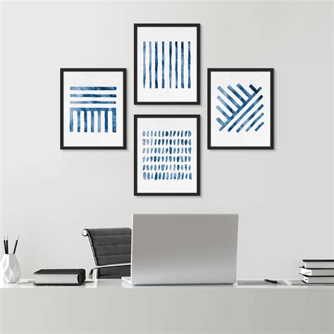 Pixonsign Framed Wall Art Blue Watercolor Paint Stroke Patterns Prints