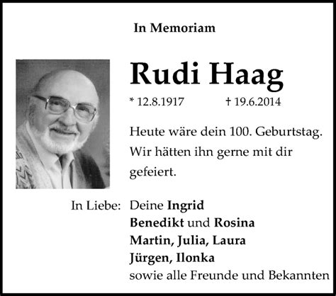 Traueranzeigen Von Rudi Haag Stuttgart Gedenkt De