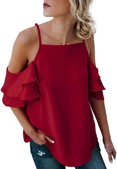 Damen Schulterfrei Shirt Cold Shoulder Oberteil Langarm Shirt Flounce