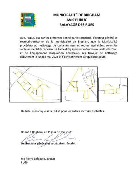 Avis public Balayage des rues Municipalité de Brigham