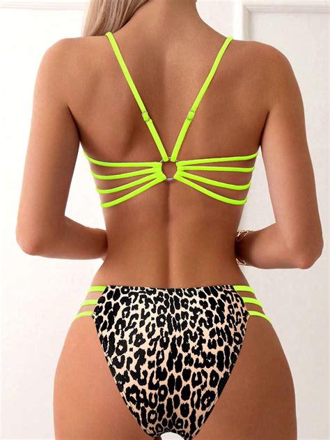 Sexy Leopard Riemchen Bikini Set Gepolsterter Damen Badeanzug für Sommer Spargut
