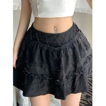 Emmiol Free Shipping 2023 Gothic Lace Paneled Lined Mini Skirt Black L