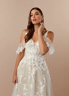 Azazie Ada Diamond White Nude A Line V Neck Lace Tulle Dress Azazie