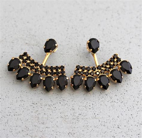 Ear Jacket Earrings Black Gold Ear Jackets Swarovski Crystal Etsy