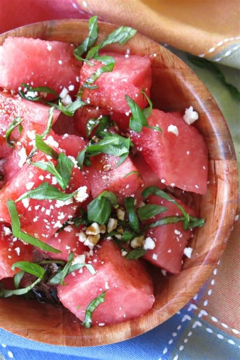 Watermelon Salad With Basil Feta And Balsamic Syrup The Dinner Mom