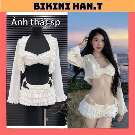 BKN 052 Bikini đồ bơi đi biển 4 món BÈO TẦNG đính hoa chất lưới tiểu thư mềm sang chảnh HAN T