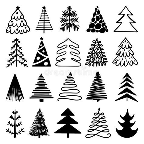 Sketch Christmas Tree Isolated Logo Set Hand Drawn Pencil Holiday