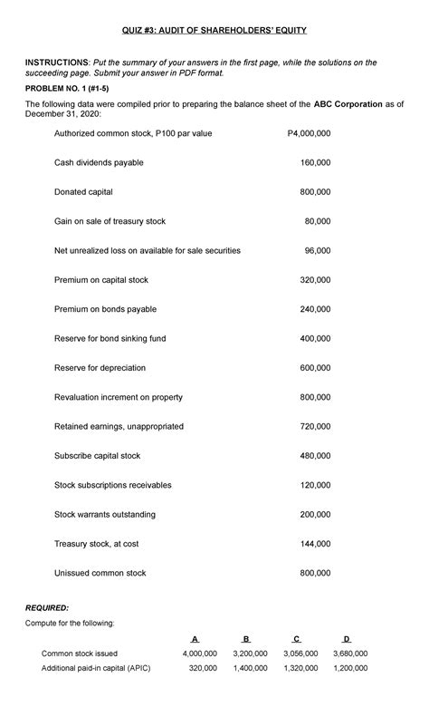 Quiz In SHE NA Accounting QUIZ 3 AUDIT OF SHAREHOLDERS EQUITY