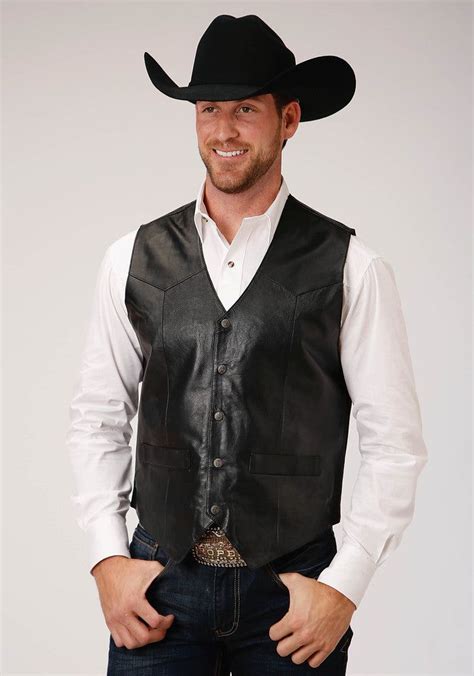 Roper Mens Black Leather Western Vest With Yokes Black M Black Leather Vest Mens Black