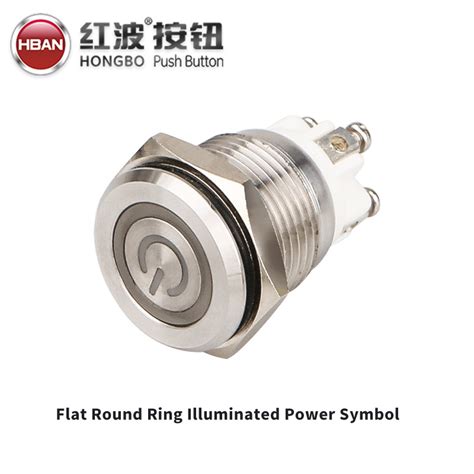 Flat Head 16mm Ring Illumination Push Button Power Symbol Momentary