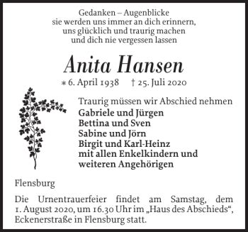 Traueranzeigen Von Anita Hansen Sh Z Trauer