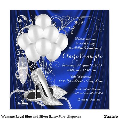 Womans Royal Blue And Silver Birthday Party Luxe Invitation Zazzle Luxe Invitations 80th