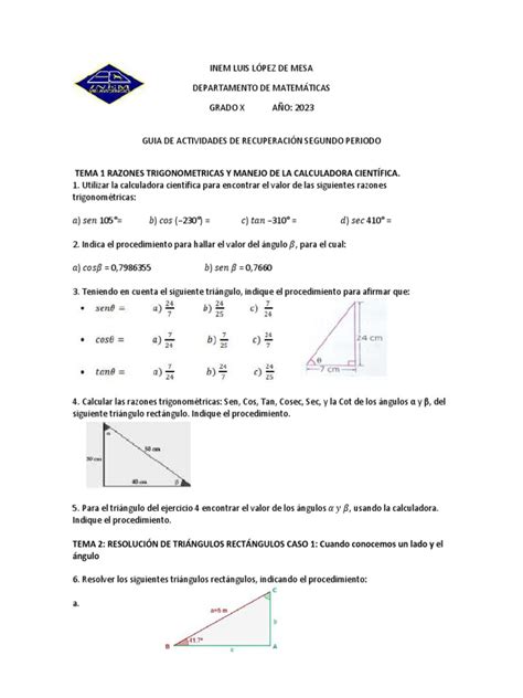 Tema 1 Razones Trigonometricas Y Manejo De La Calculadora Científica Pdf