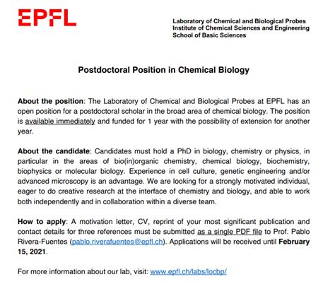 Postdoctoral Position In Chemical Biology Efpl Switzerland