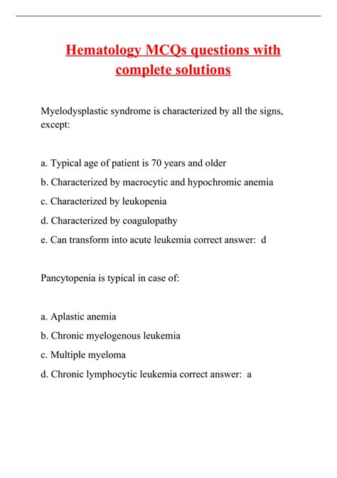 Hematology Mcqs Questions With Complete Solutions Hematology Mcqs