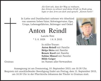 Traueranzeigen Von Anton Reindl Trauer Merkur De