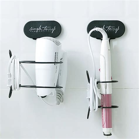 Hair Dryer Holder Straightener Curling Iron Storage Rack Wall Mounted Metal Bathroom Shelf