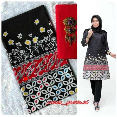 Kain Batik Seno Bunga Hitam Set Embos Merah Shopee Indonesia