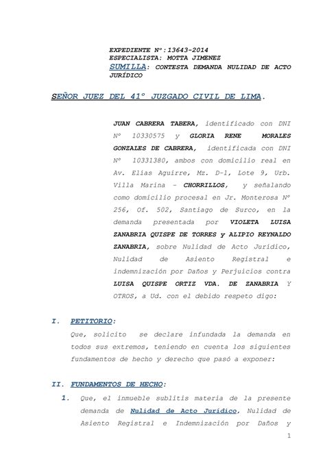 Contesta Demanda Nulidad De Acto Jurídico Model 2022 Expediente Nº