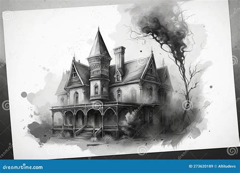 Simple Pencil Sketch of Gothic House with Turrets and Smoke Rising from ...