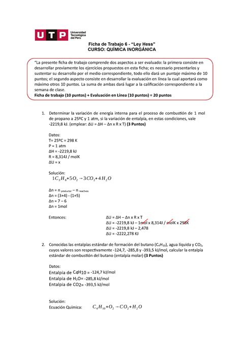 U S Ficha De Trabajo Ley De Hess Quimica Inorganica Utp Studocu