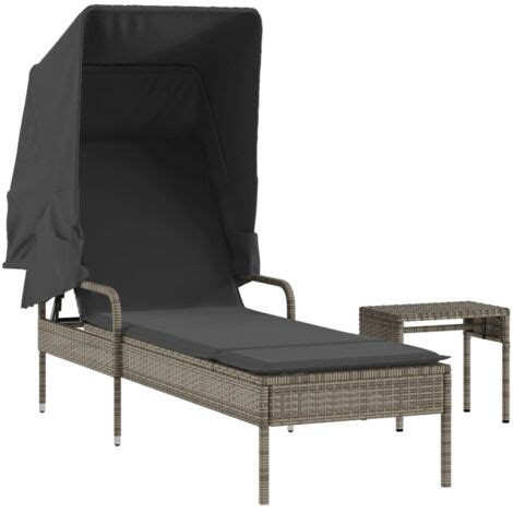 Chaise longue avec auvent et table gris résine tressée