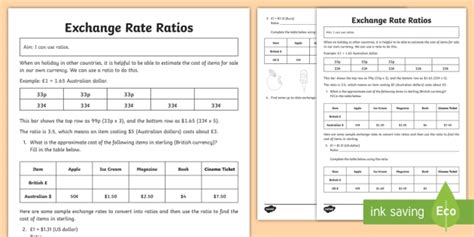 Exchange Rate Worksheet Ratios Worksheet Maths